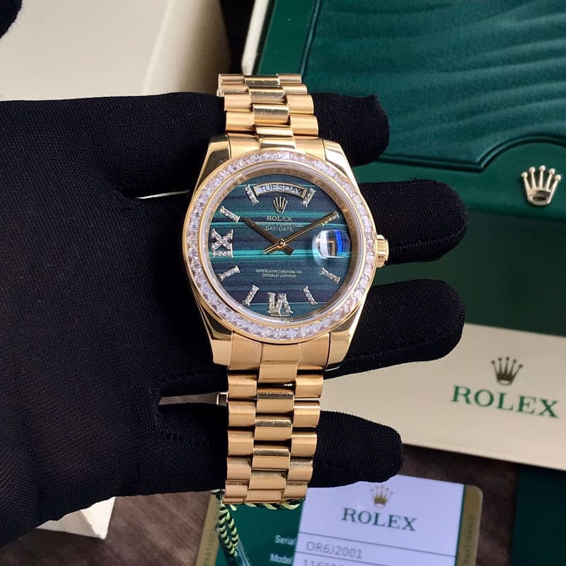 Rolex Day Date Golden Green Dial & Diamond Basel Japanese Automatic Watch