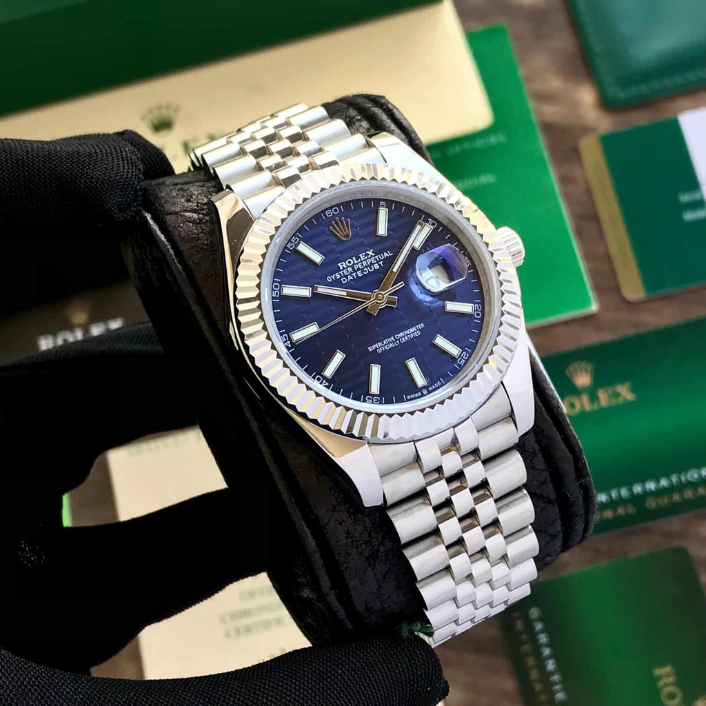 Rolex Date Just 41 Blue Motif Index Dial Fluted Bezel Jubilee Stainless Steel & Japanese Master Quality Mens Watch