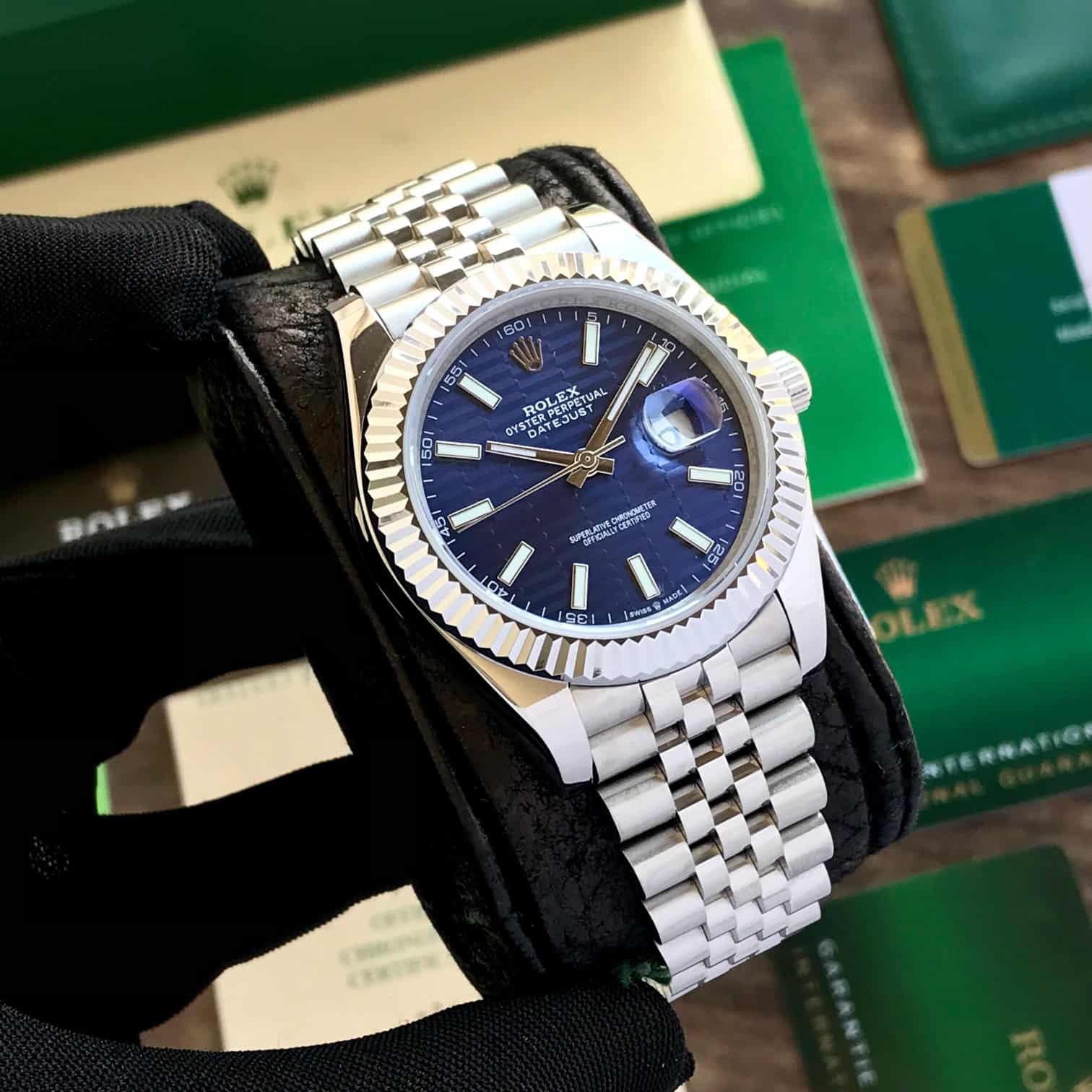 Rolex Date Just 41 Blue Motif Index Dial Fluted Bezel Jubilee Stainless Steel & Japanese Master Quality Mens Watch