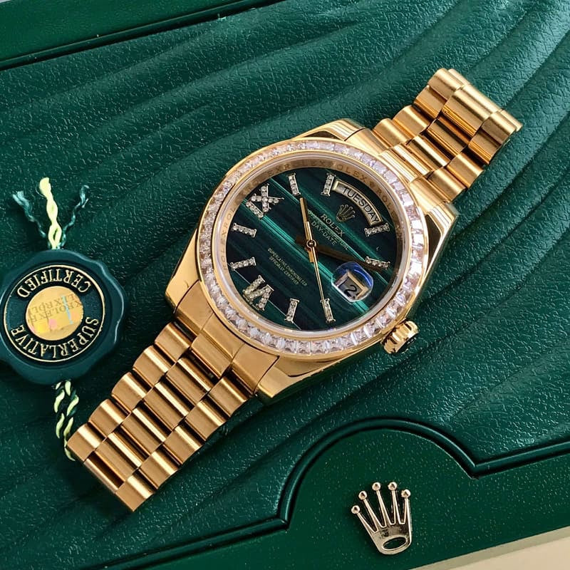Rolex Day Date Golden Green Dial & Diamond Basel Japanese Automatic Watch