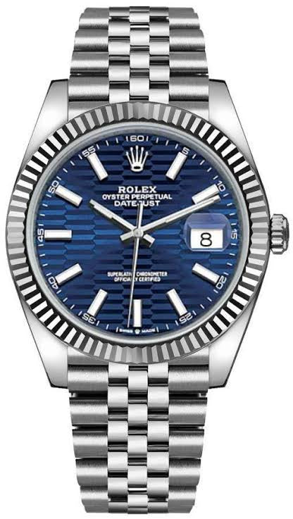 Rolex Date Just 41 Blue Motif Index Dial Fluted Bezel Jubilee Stainless Steel & Japanese Master Quality Mens Watch