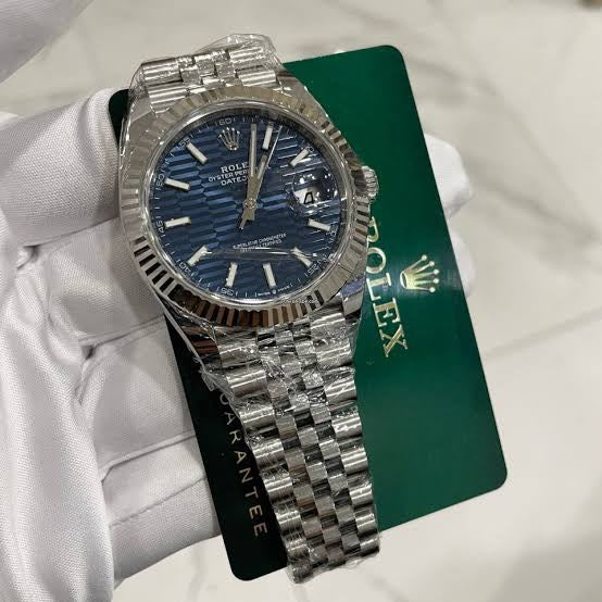 Rolex Date Just 41 Blue Motif Index Dial Fluted Bezel Jubilee Stainless Steel & Japanese Master Quality Mens Watch
